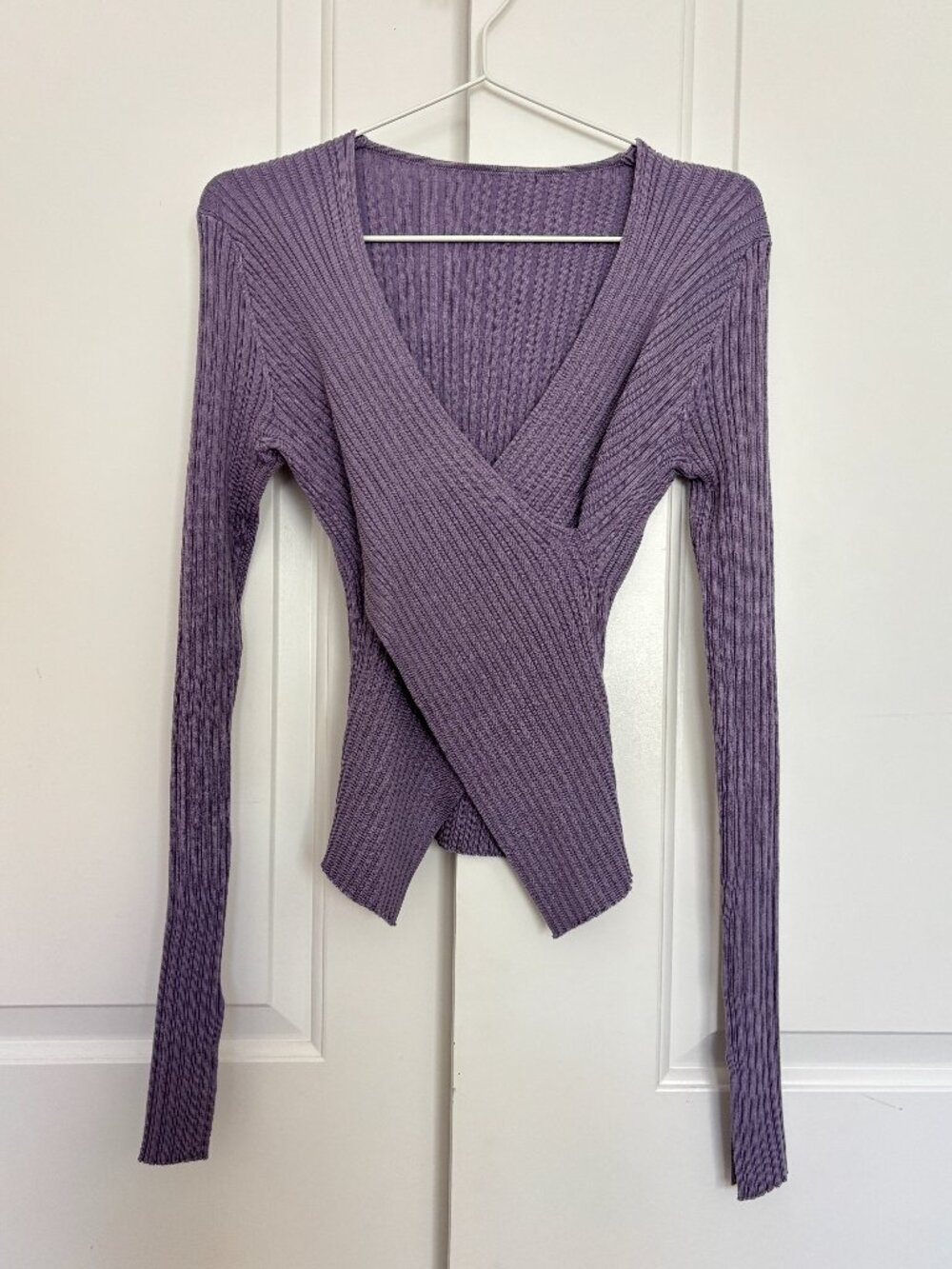 Dusty Purple Ribbed Knit Wrap Top Crossover Front, Long Sleeve, S